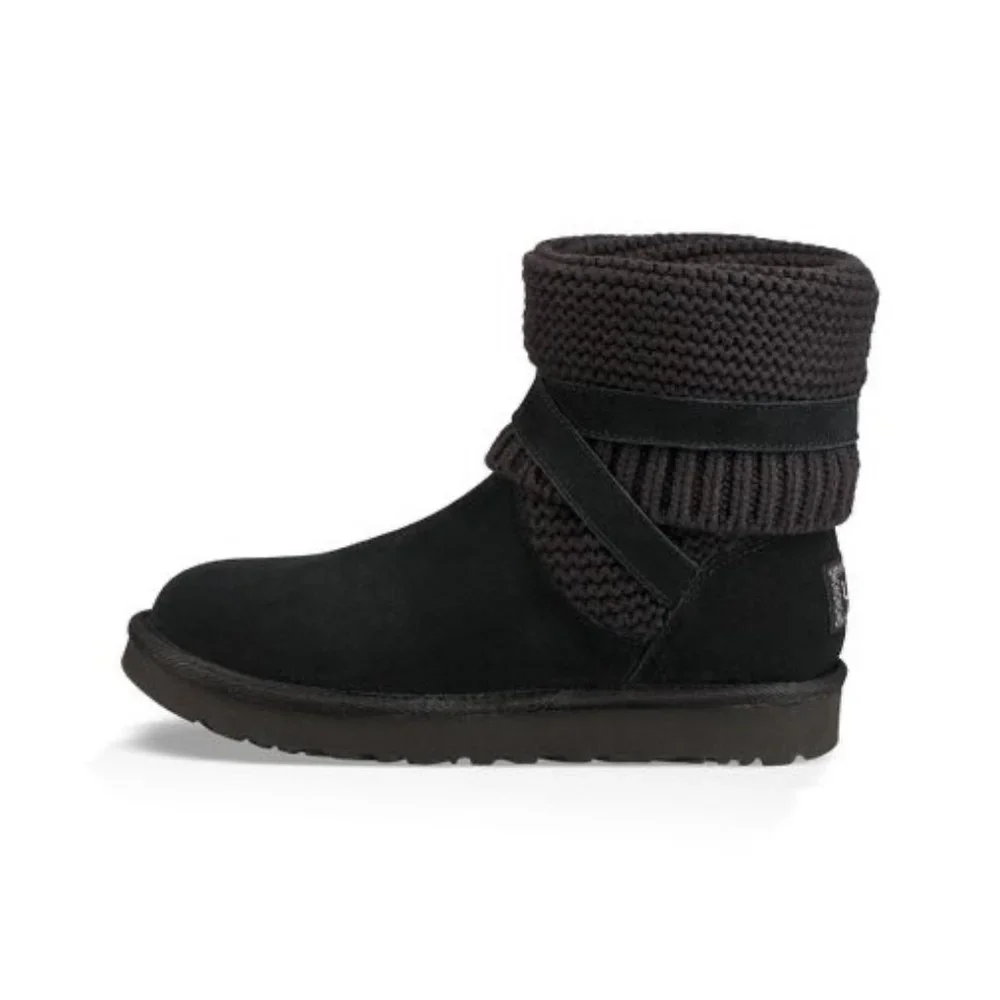UGG Womens Purl Strap Boot 1098080 Black Suede Knit Cuff Wool Lined size 6